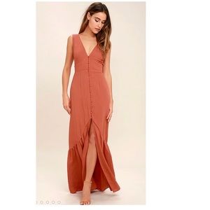Lulus Simpatico Rust Orange Maxi Dress Boho Wide Leg V Neck Size Small